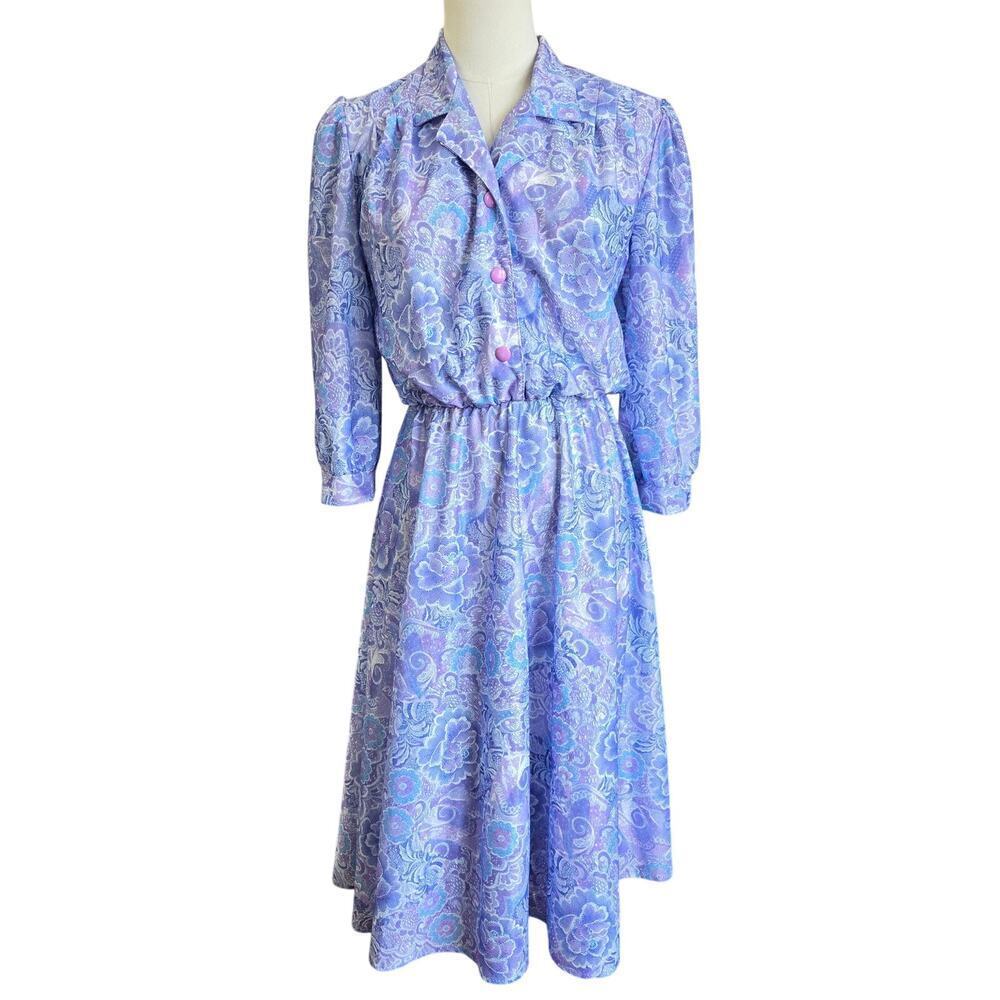 Vintage 70s Womens Boho Midi Dress M Purple Floral Fairy Bloom Pastels